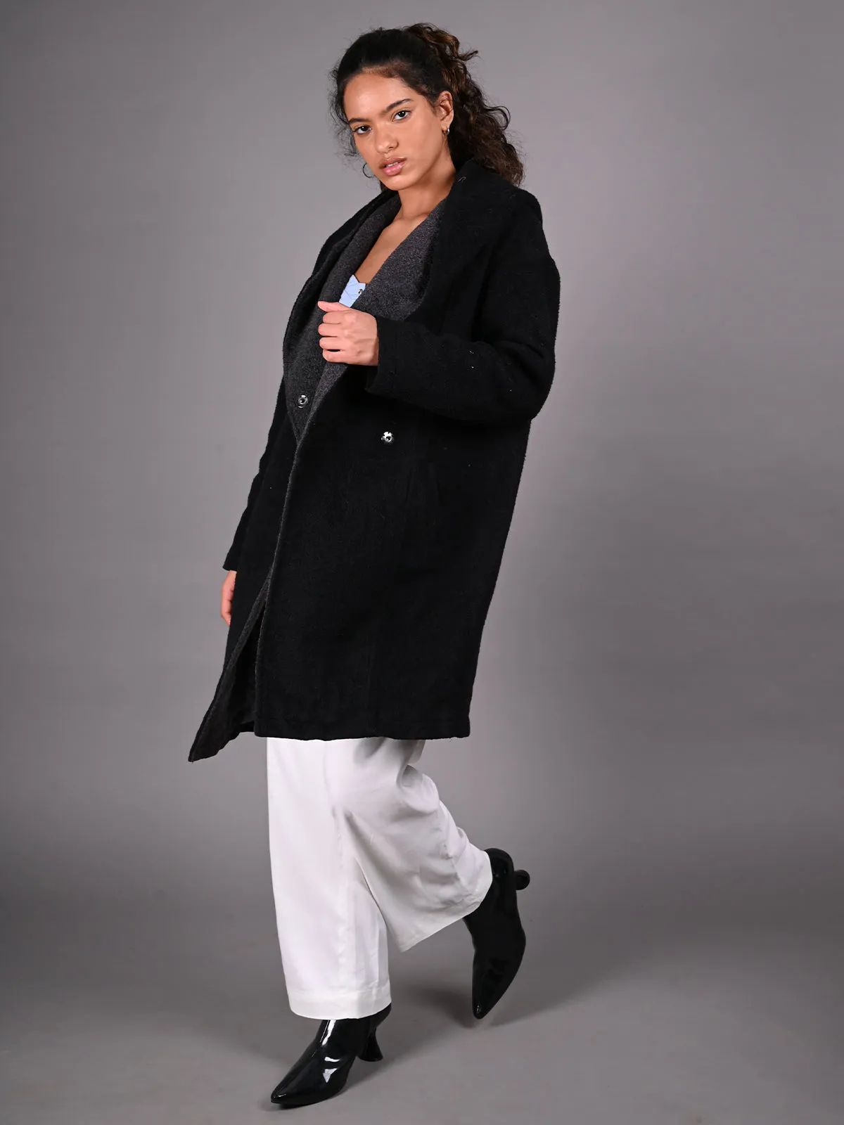 Odette Black Hoodie Style Woollen Overcoat for Women