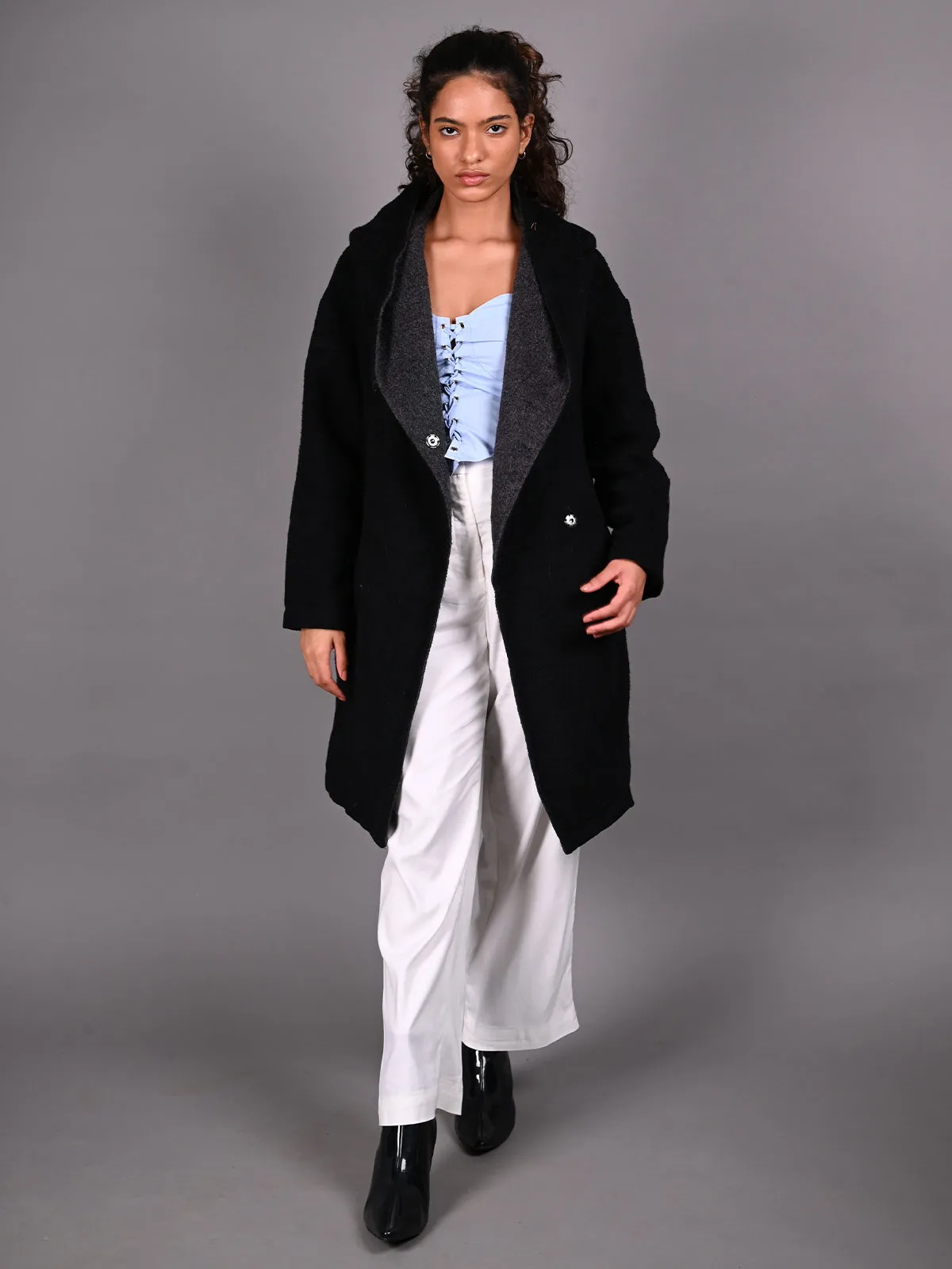 Odette Black Hoodie Style Woollen Overcoat for Women