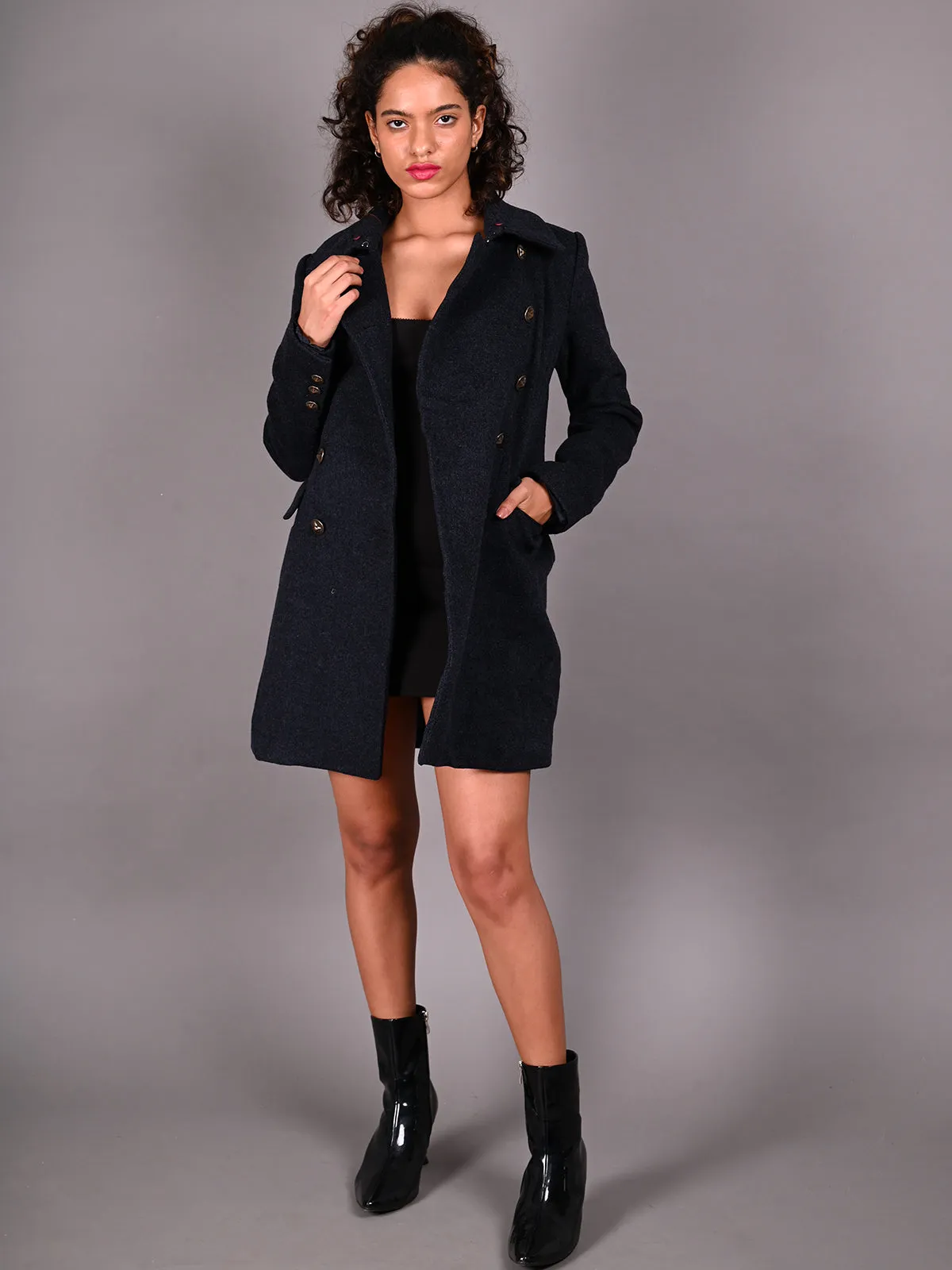 Odette Black Long Woollen Coat for Women