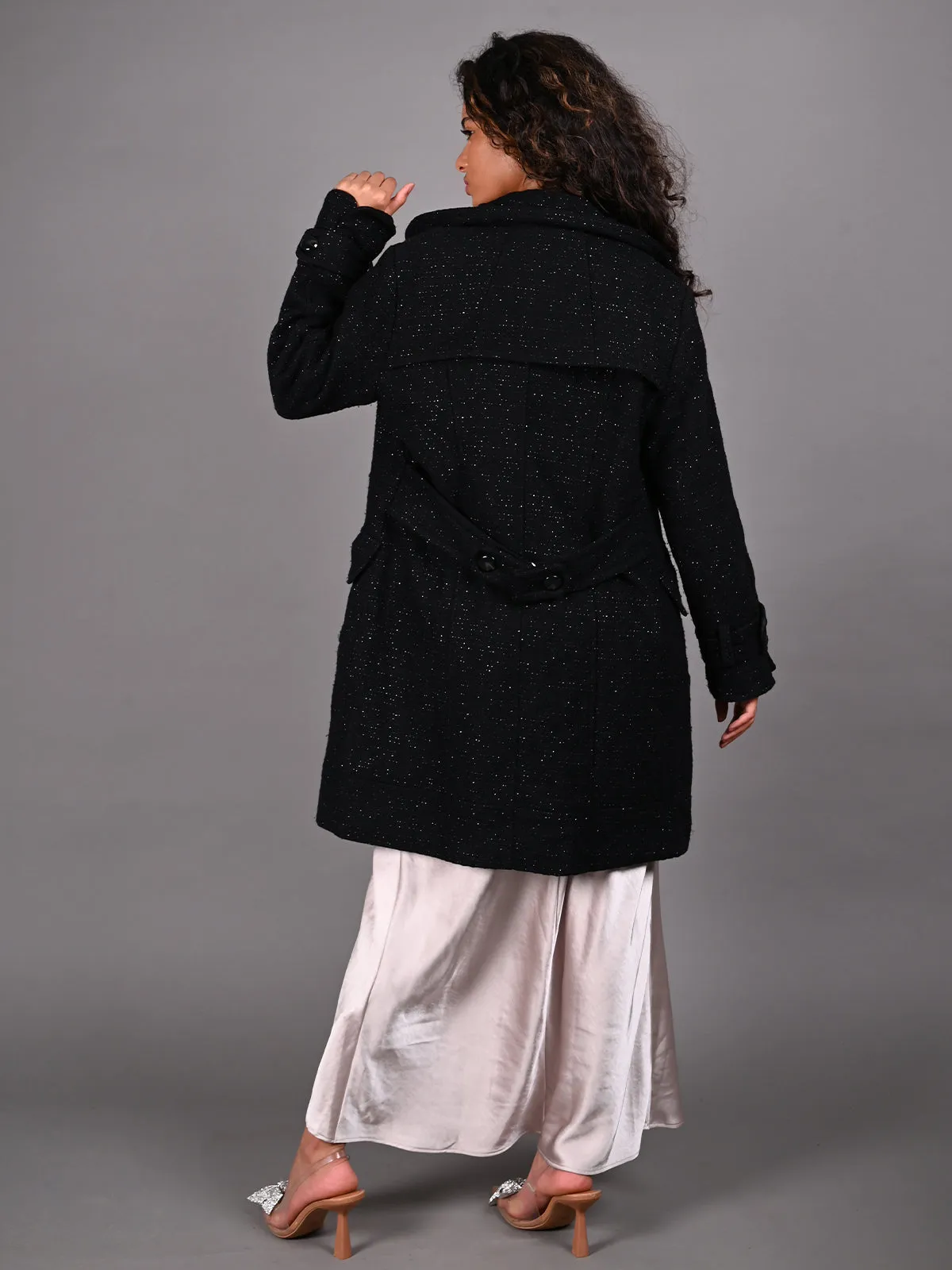 Odette Black Shimmered Woollen Overcoat for Women