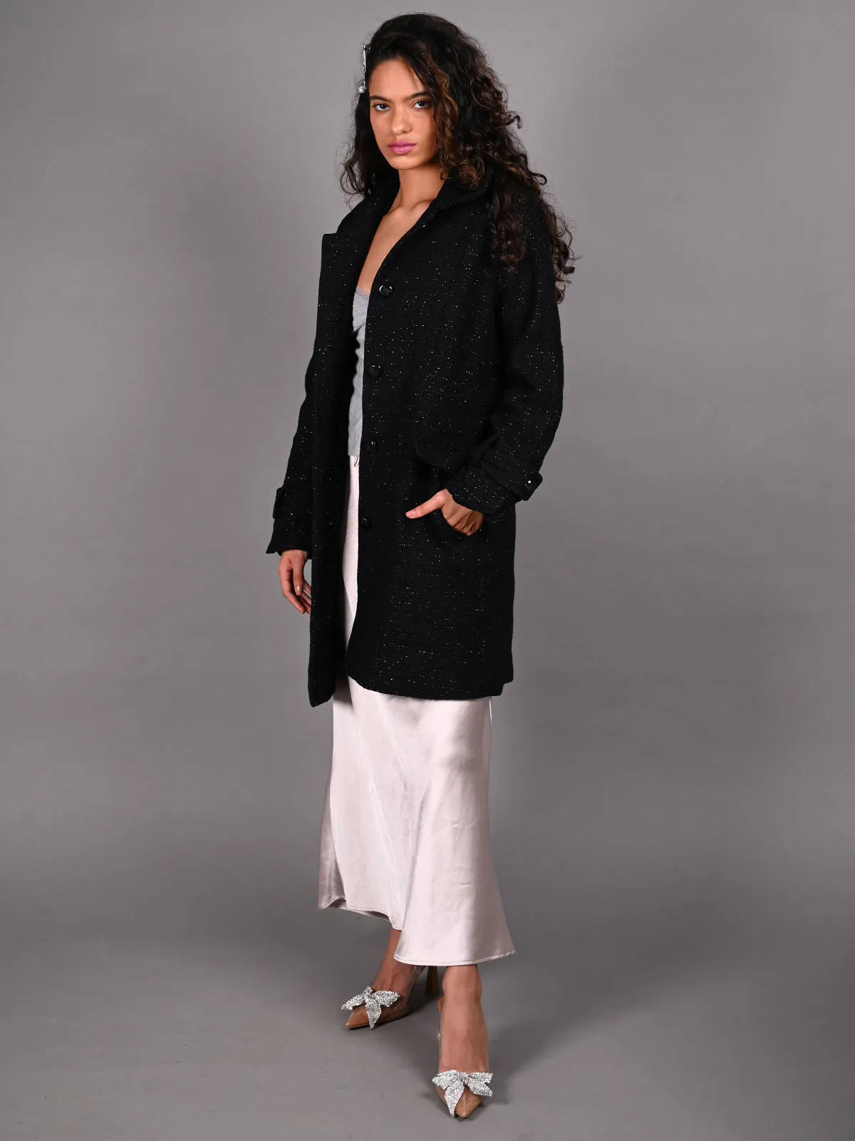 Odette Black Shimmered Woollen Overcoat for Women