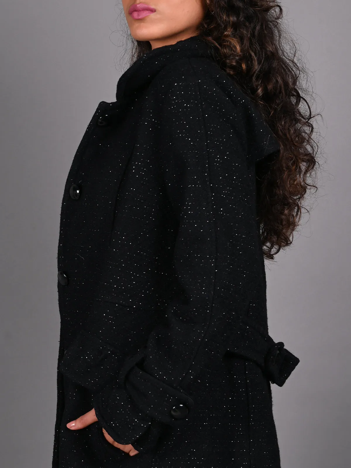 Odette Black Shimmered Woollen Overcoat for Women