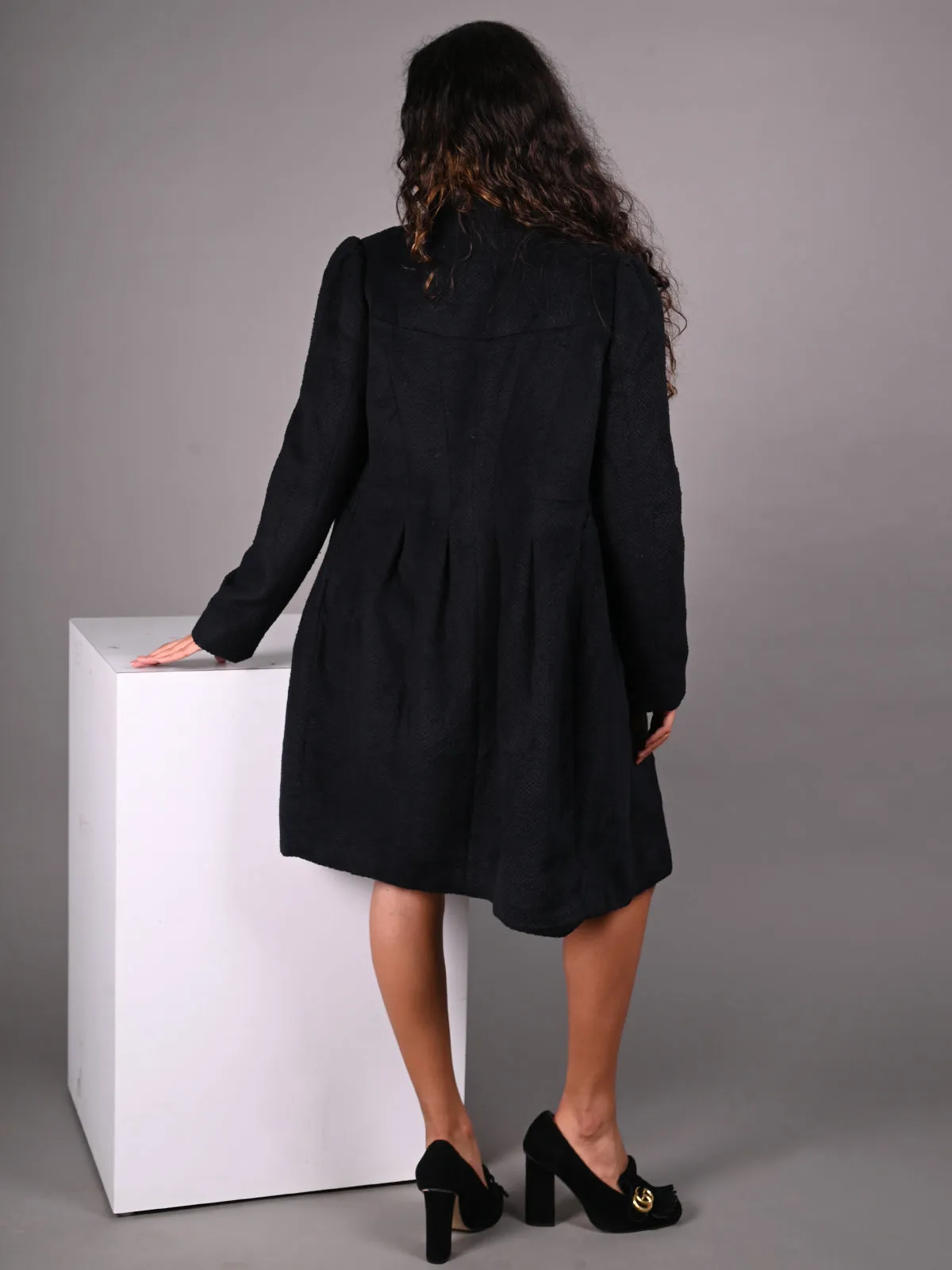 Odette Black Textured Woollen Overcoat for Women