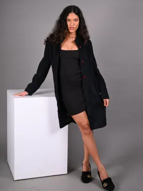 Odette Black Textured Woollen Overcoat for Women