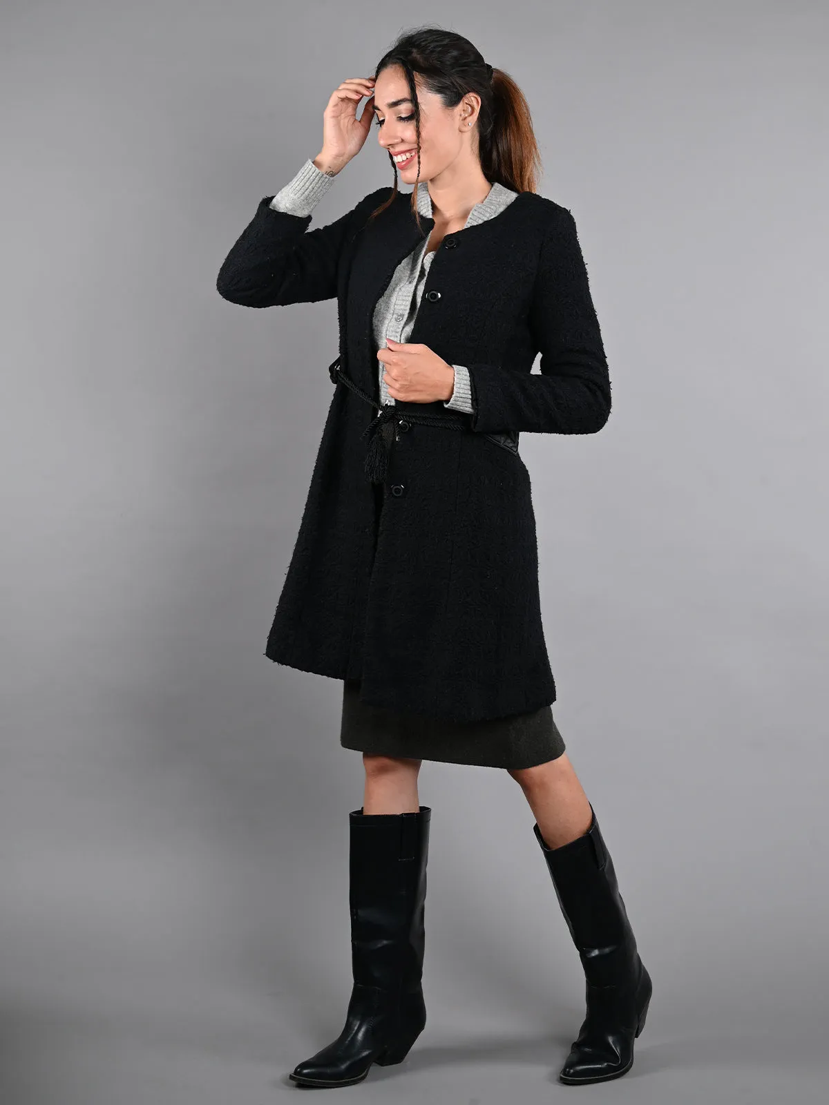 Odette Black Tweed Overcoat Jacket for Women