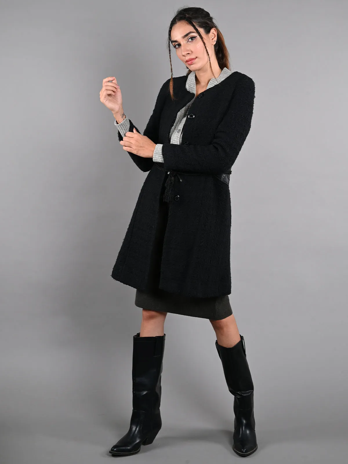 Odette Black Tweed Overcoat Jacket for Women