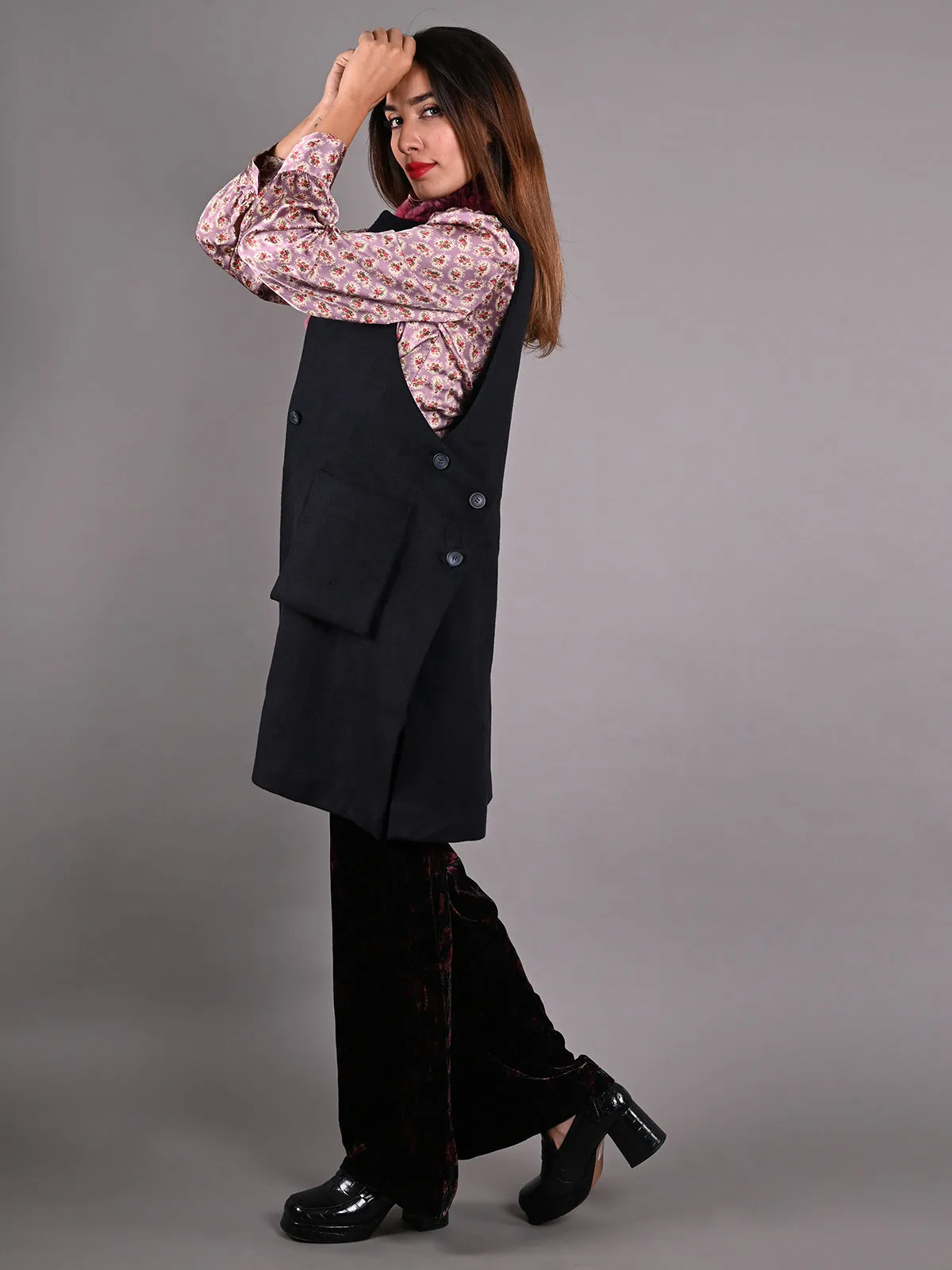 Odette Black Wool Sleeveless Overcoat Jacket for Women