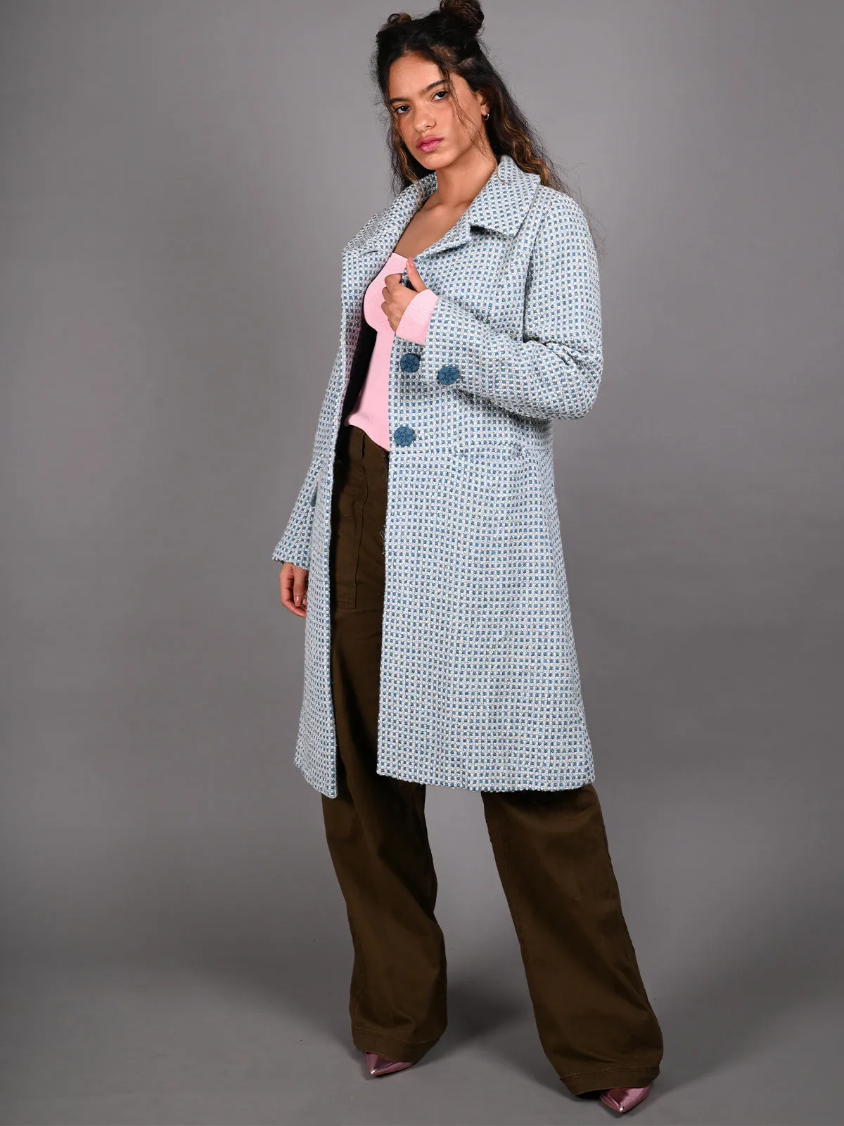 Odette Blue and White Tweed Overcoat for Women