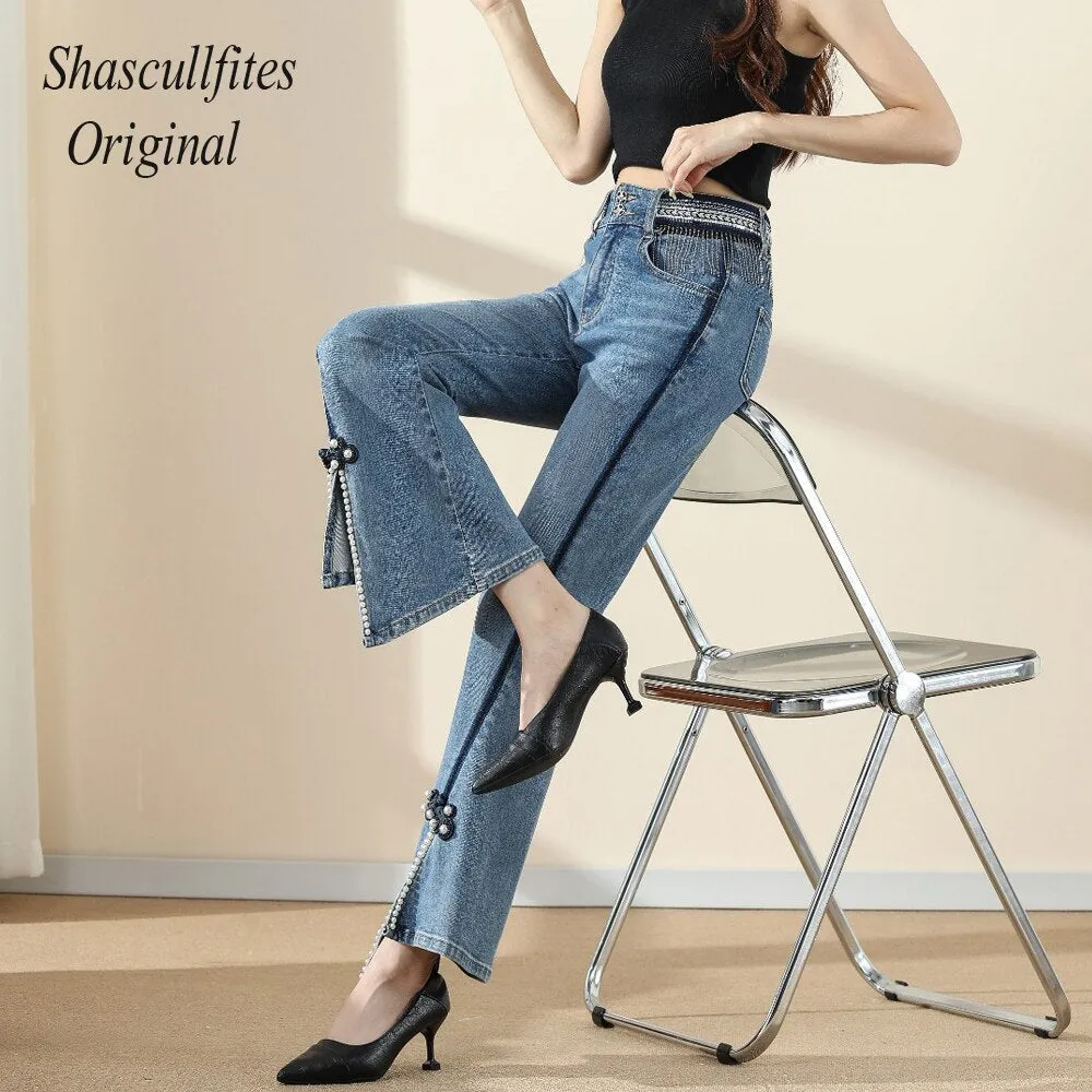 Original Design Tassels Jeans High Waist Casual Loose Denim Jeans Womens Clothing Pearl Bell Jeans