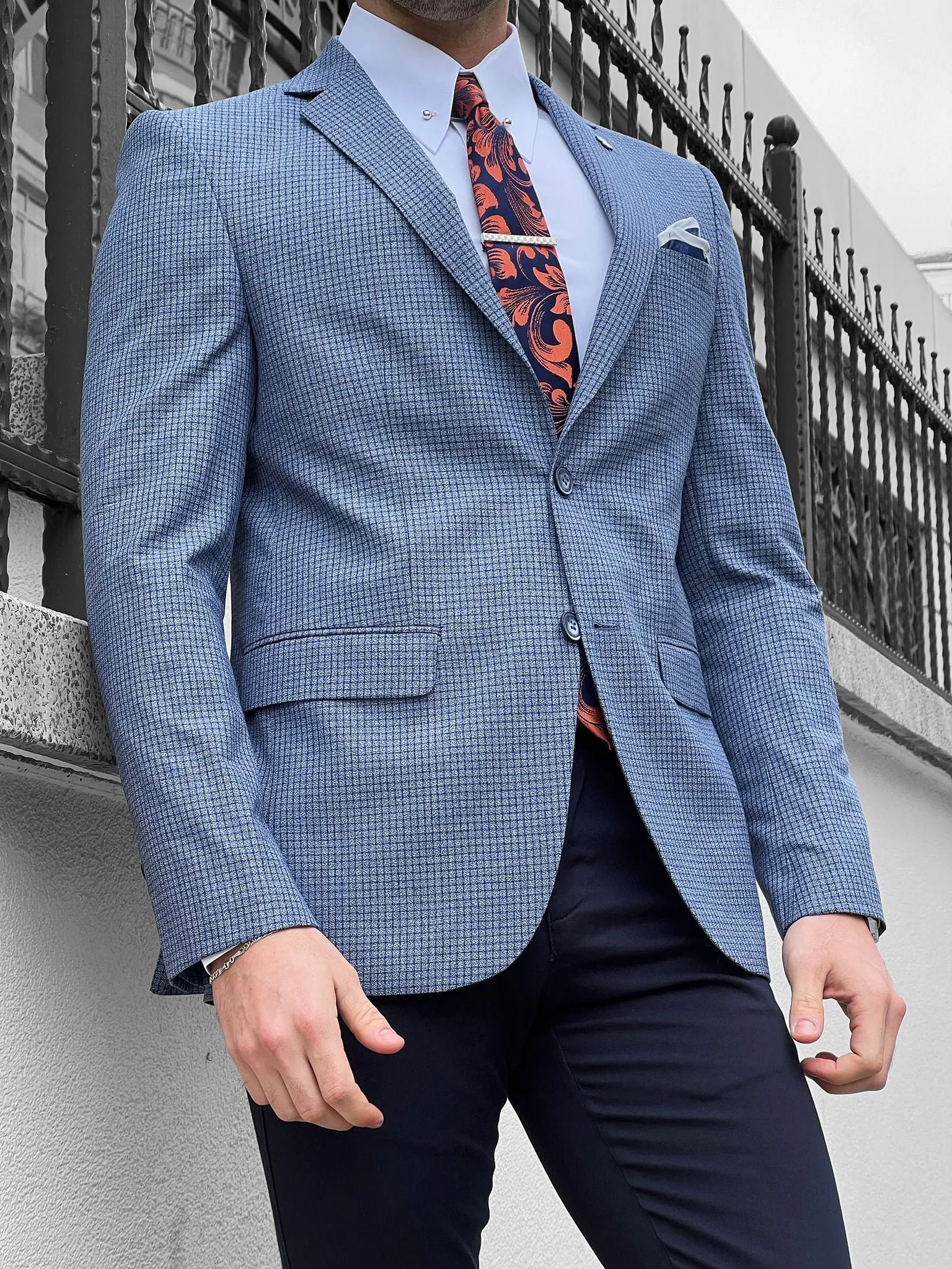 Patterned Slim-fit Mono Collar Blue Gray Jacket