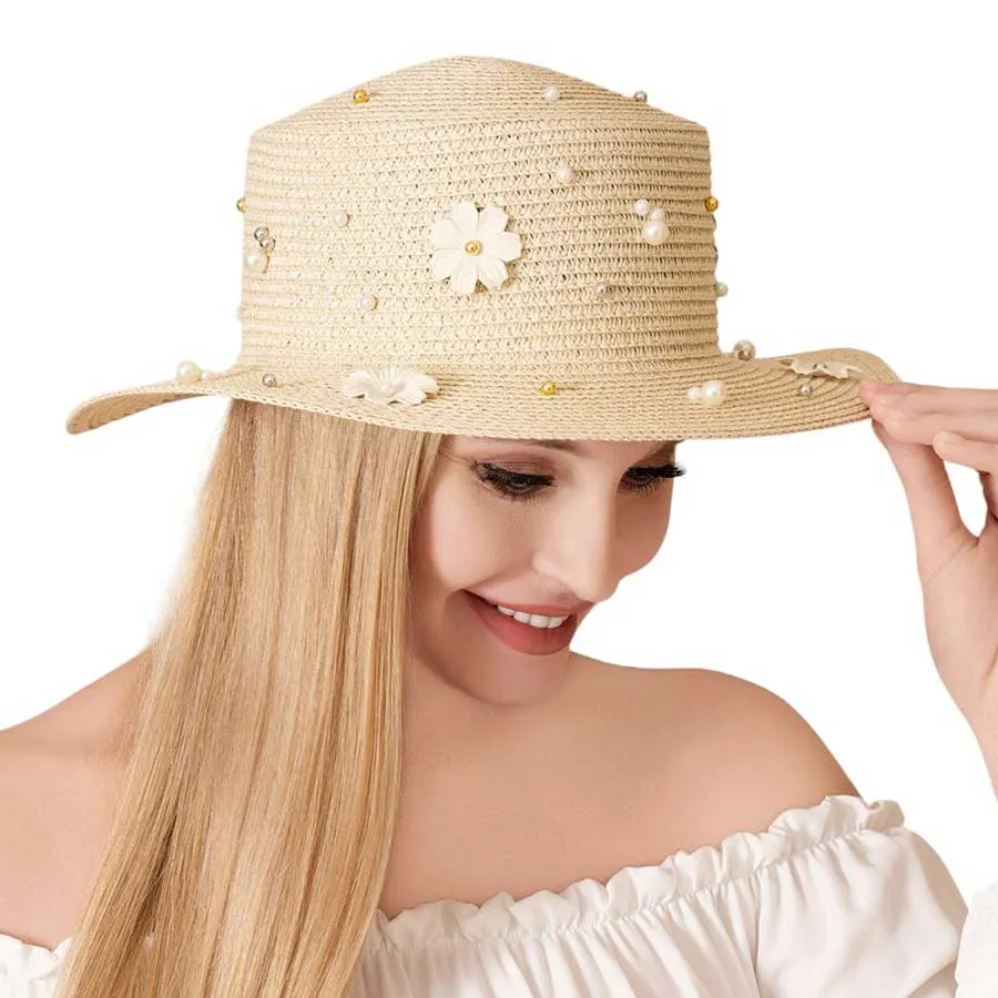 Pearl Flower Embellished Straw Sun Hat