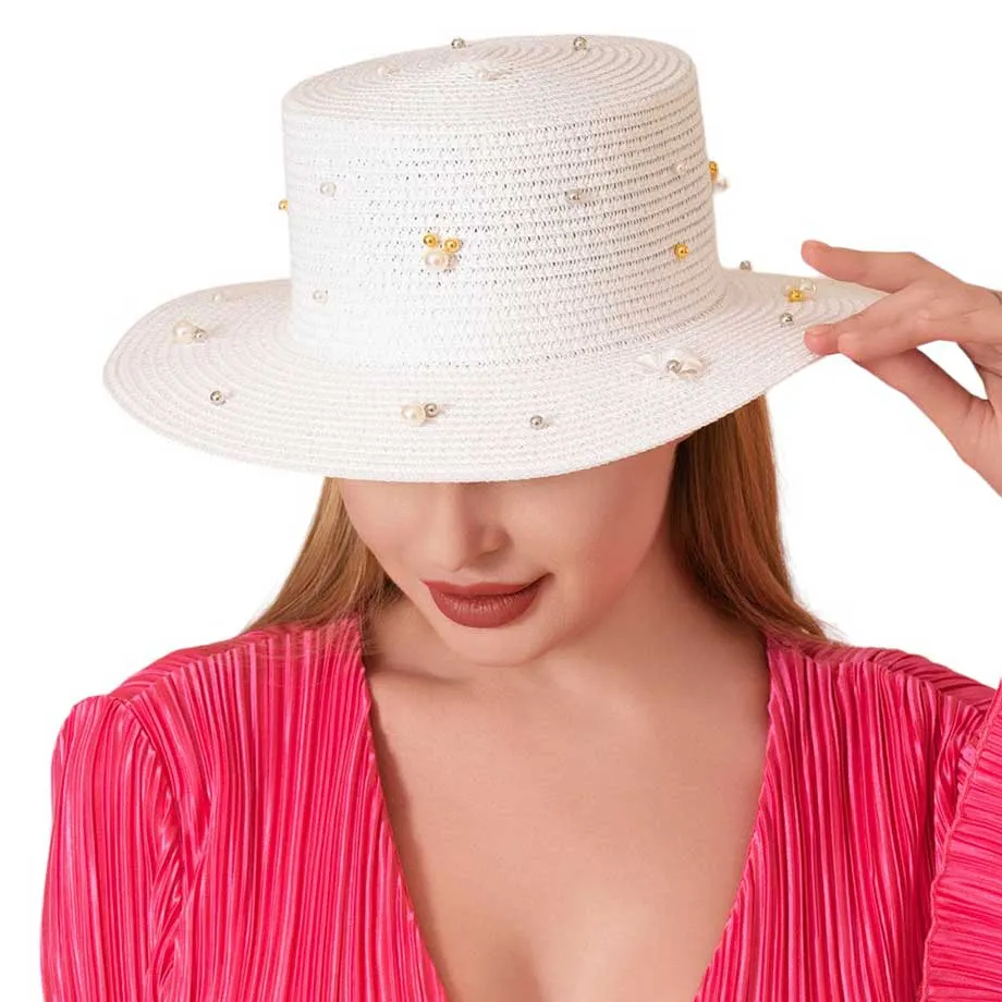 Pearl Flower Embellished Straw Sun Hat