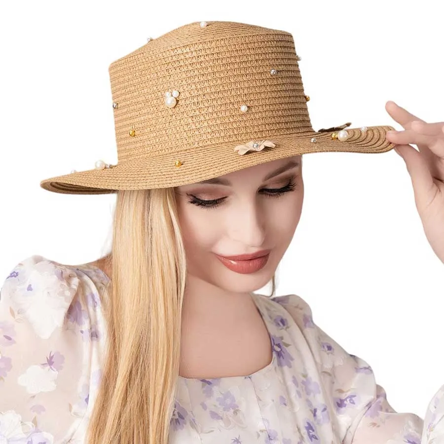 Pearl Flower Embellished Straw Sun Hat