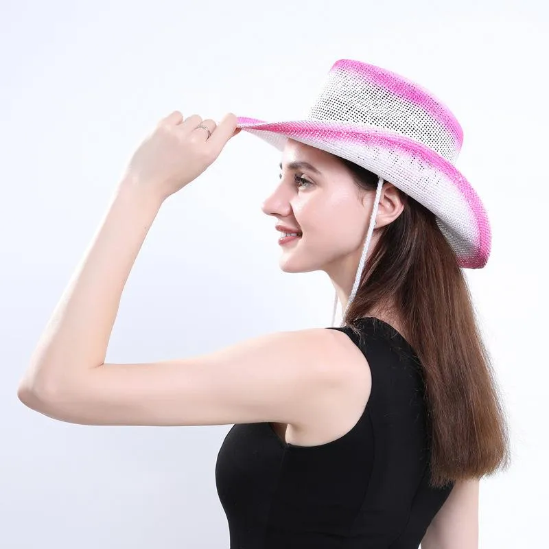 Pink Paper Straw Cowboy Hat with Windproof Rope