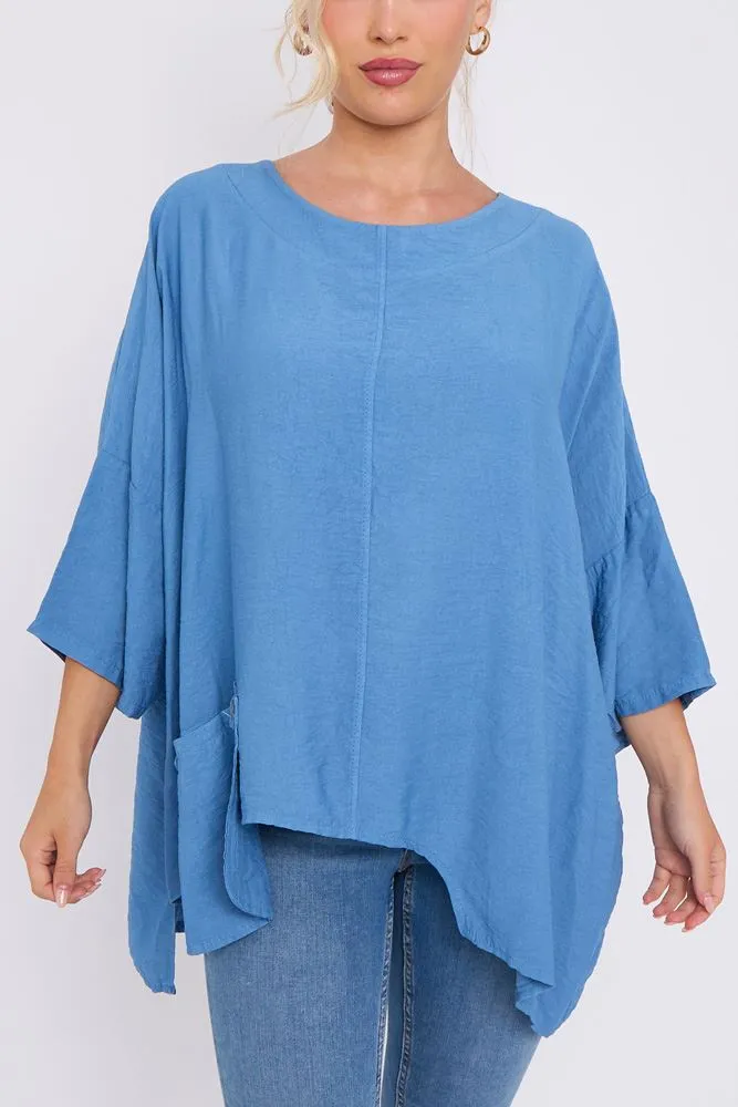 Plain High Low Hem Button Pockets Top