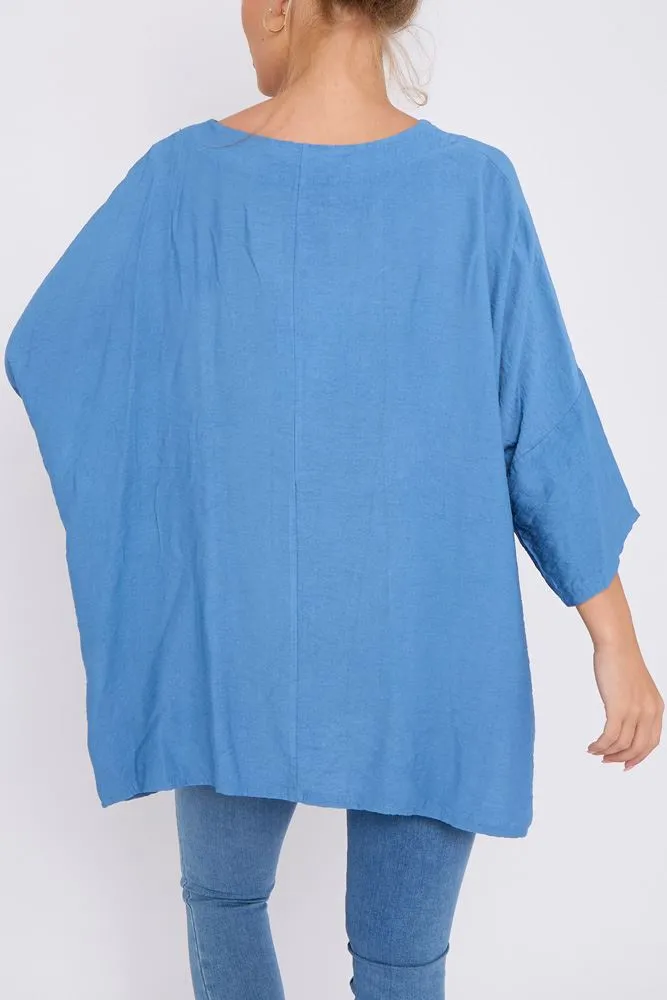 Plain High Low Hem Button Pockets Top