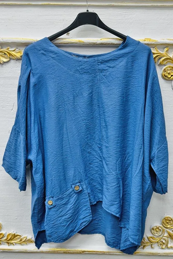 Plain High Low Hem Button Pockets Top