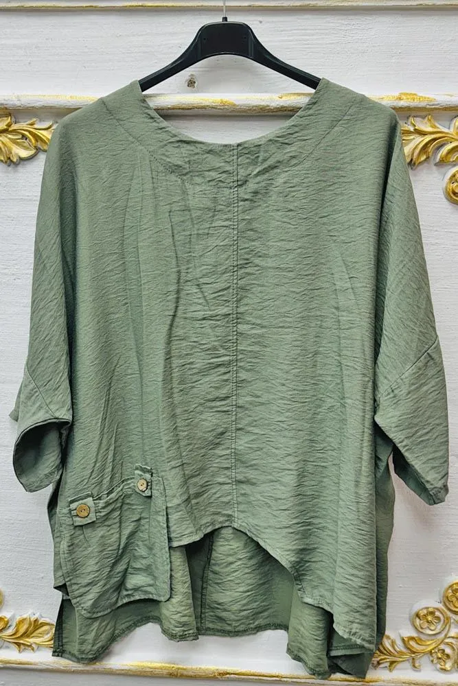 Plain High Low Hem Button Pockets Top