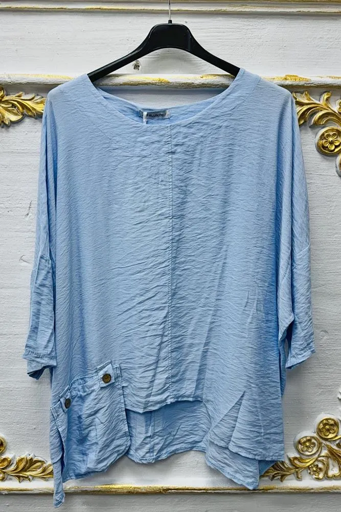 Plain High Low Hem Button Pockets Top