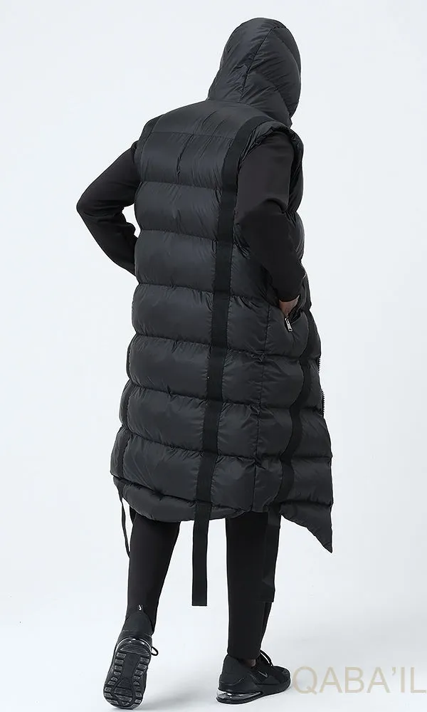 QL Sleeveless Longline Puffer Hooded Gilet in Black