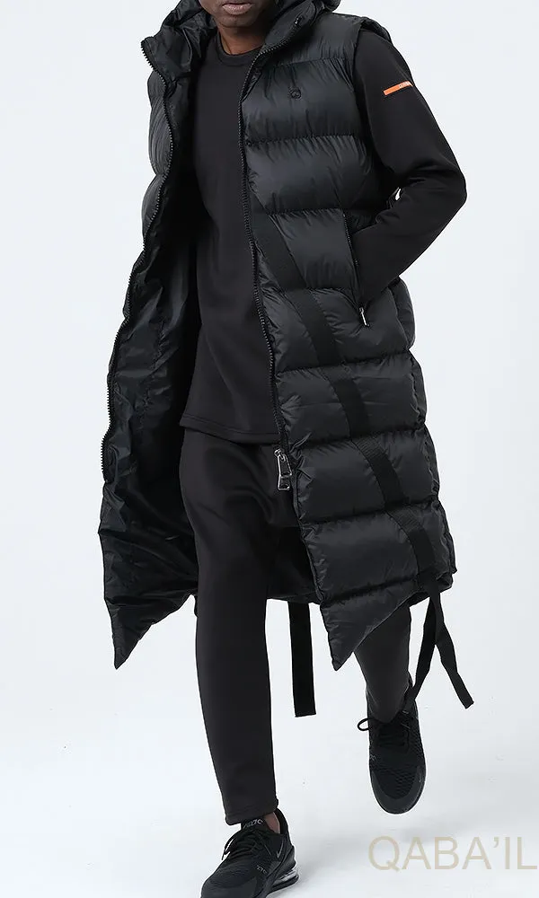 QL Sleeveless Longline Puffer Hooded Gilet in Black