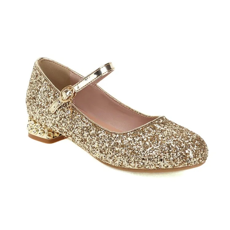 Round Toe Glitter Mary Janes Low Heels Women's Pumps