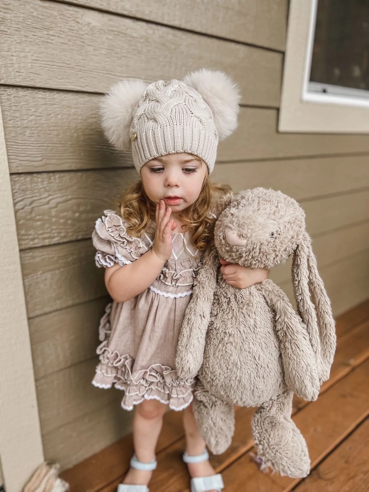 Sandstone Merino Wool Kids Double Pom Hat