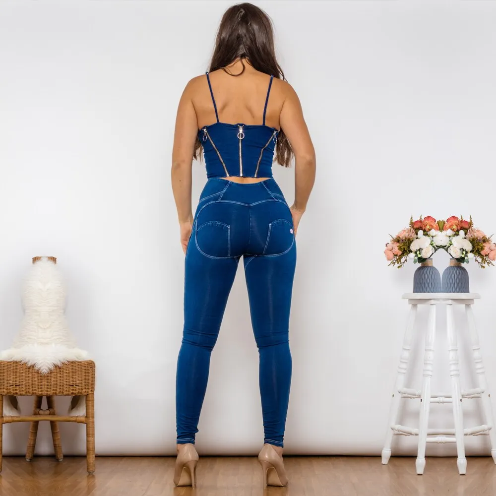 Shaper Set Bodysuit Dark Blue Denim Zipper Body Shaper High Waist Button Style Jeans Two Piece Sets Womens