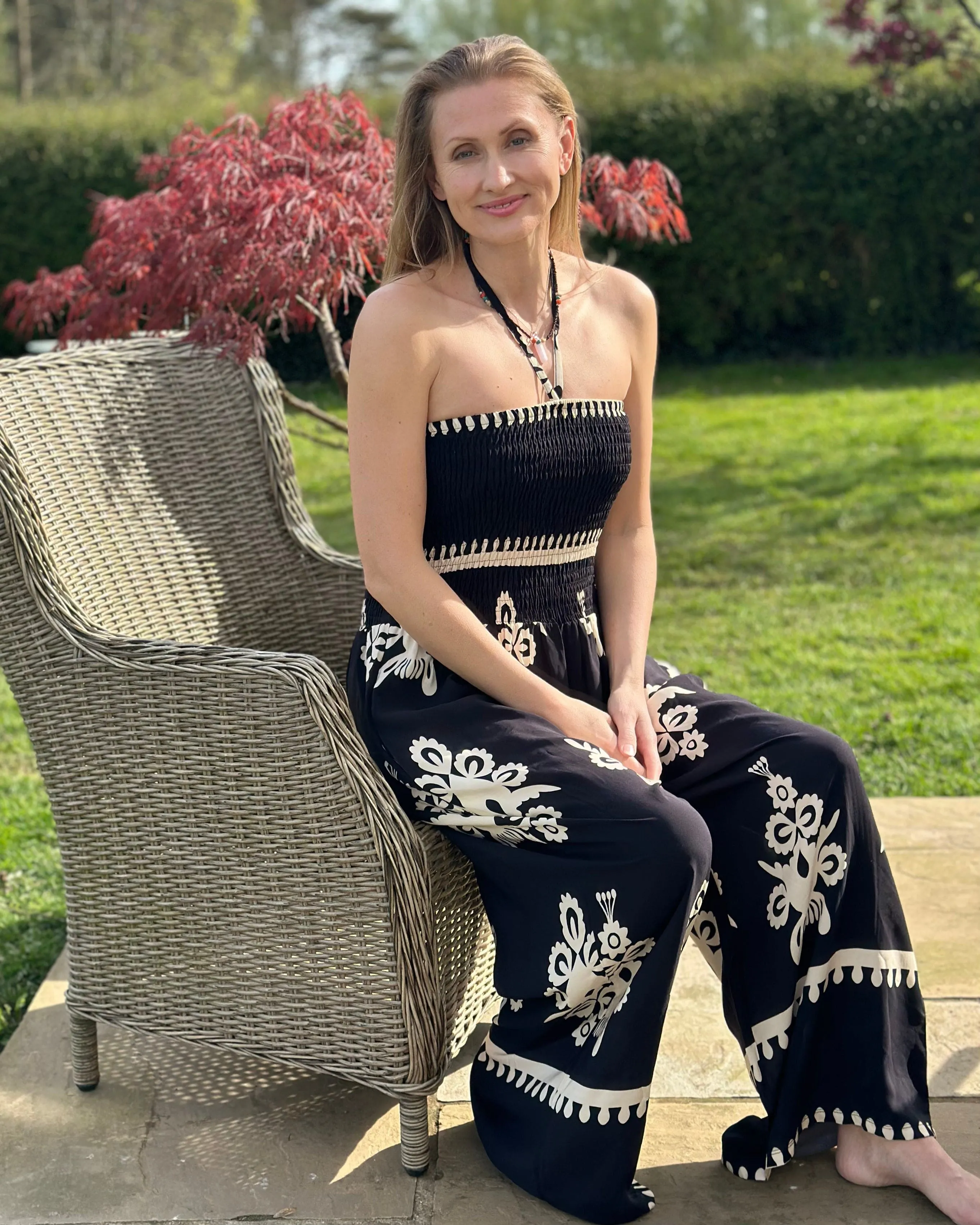 Shirred Bodice Bandeau Print Jumpsuit - Black