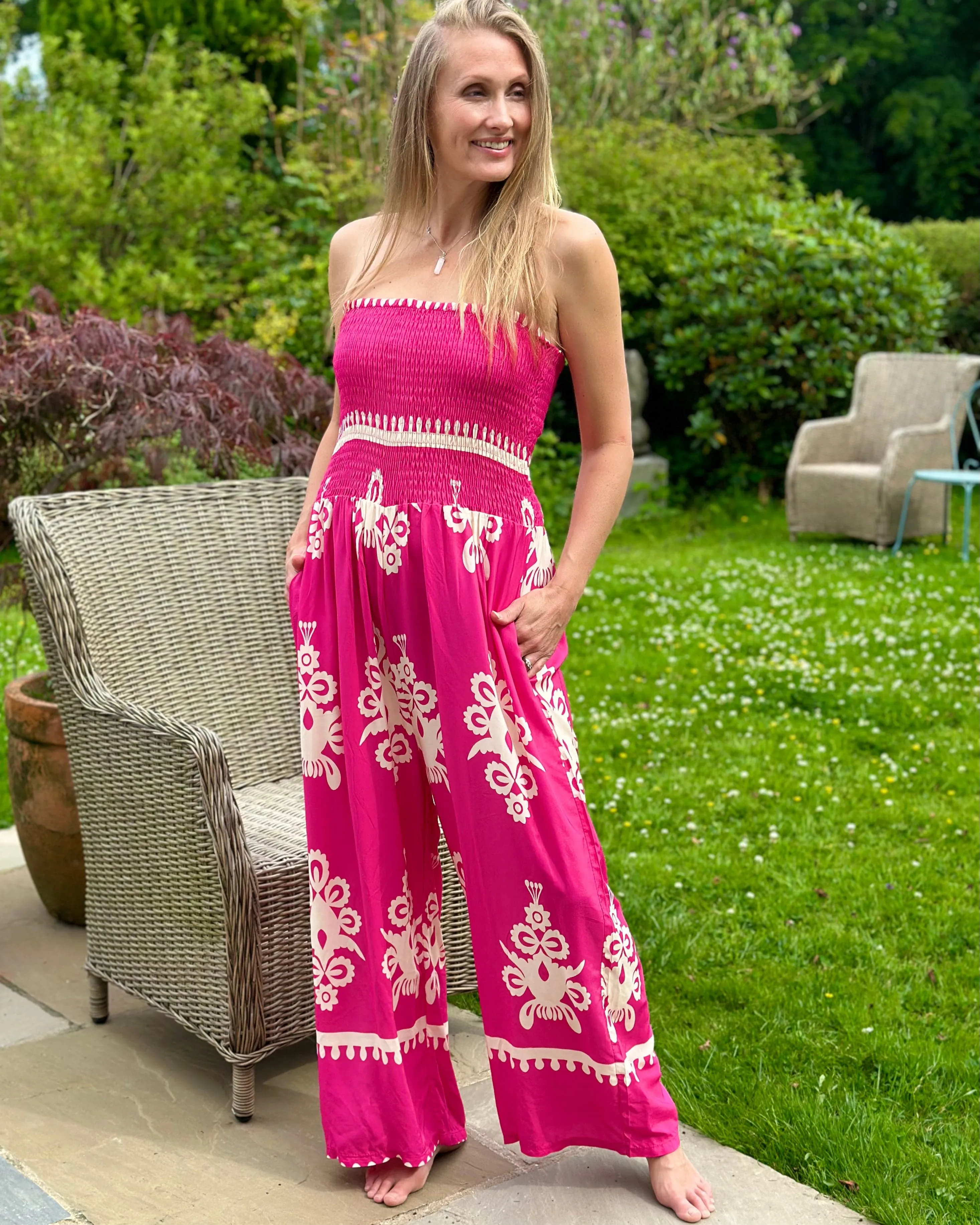 Shirred Bodice Bandeau Print Jumpsuit - Fuchsia