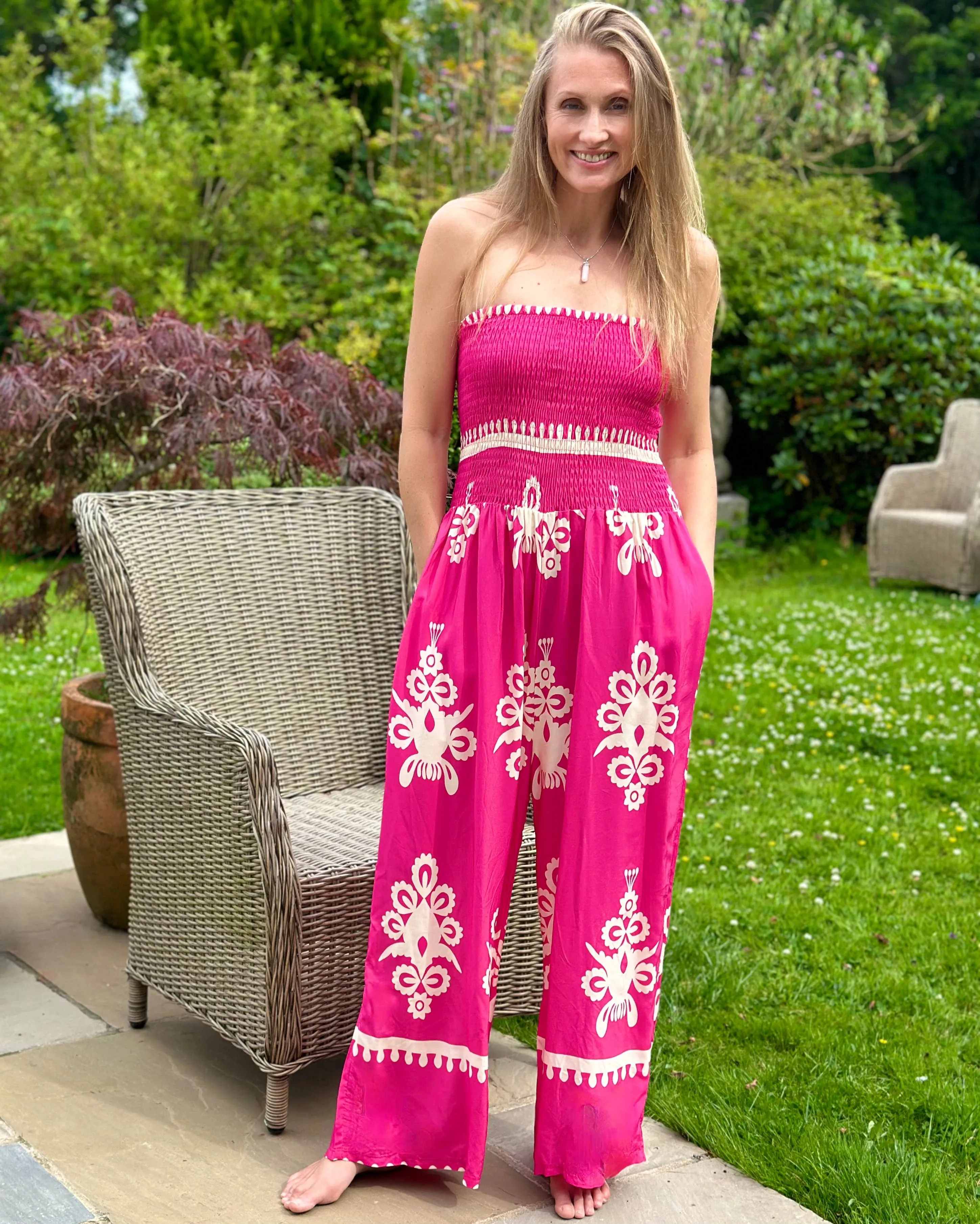 Shirred Bodice Bandeau Print Jumpsuit - Fuchsia