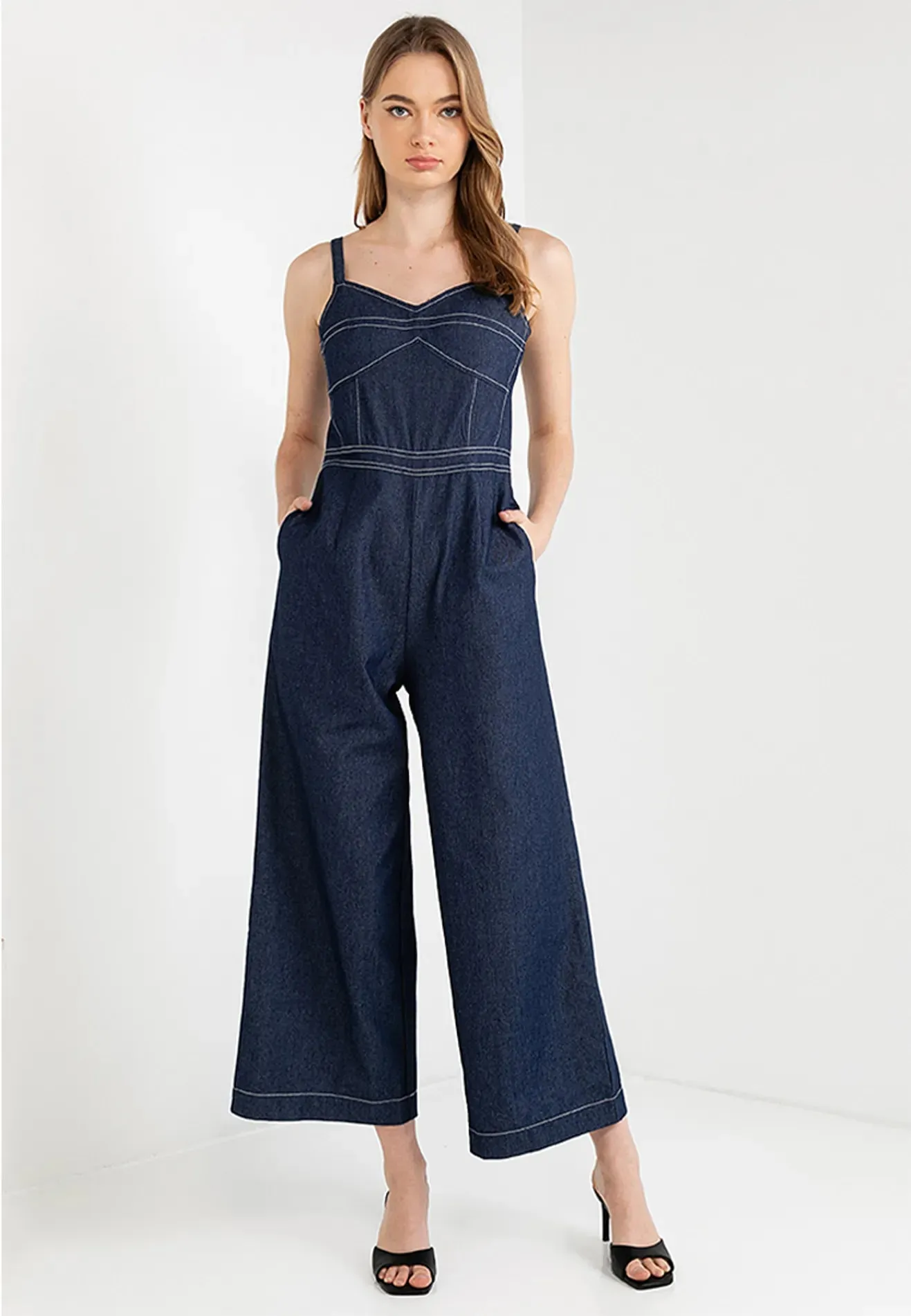 Sleeveless Padded Denim Jumpsuit