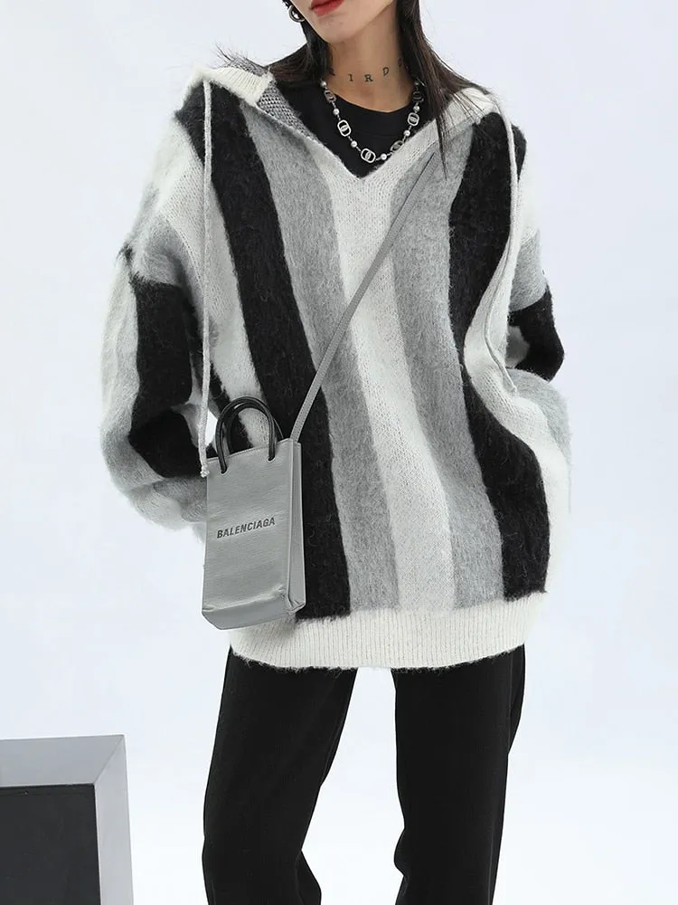 Striped Women Sweater Hooded Drawstring Long Sleeve Contrast Color Knit Pullover Autumn 2023