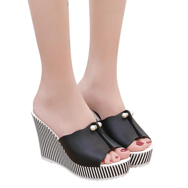 Summer Shoes Sandals Women Stripe Pearl Platform