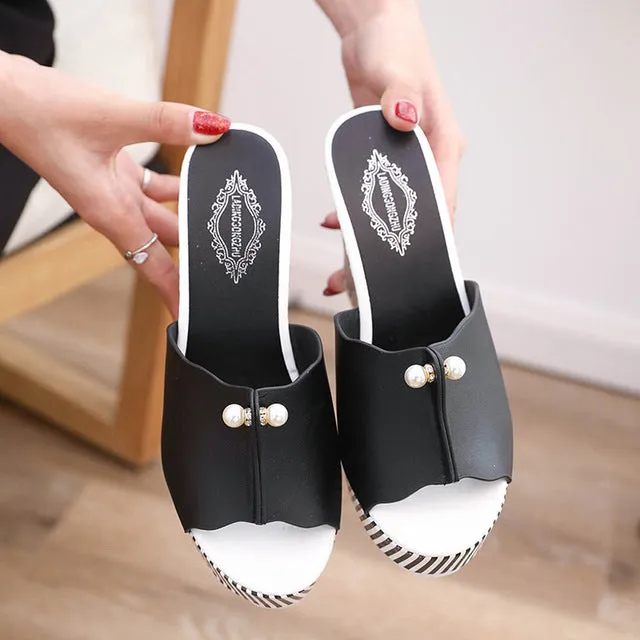 Summer Shoes Sandals Women Stripe Pearl Platform