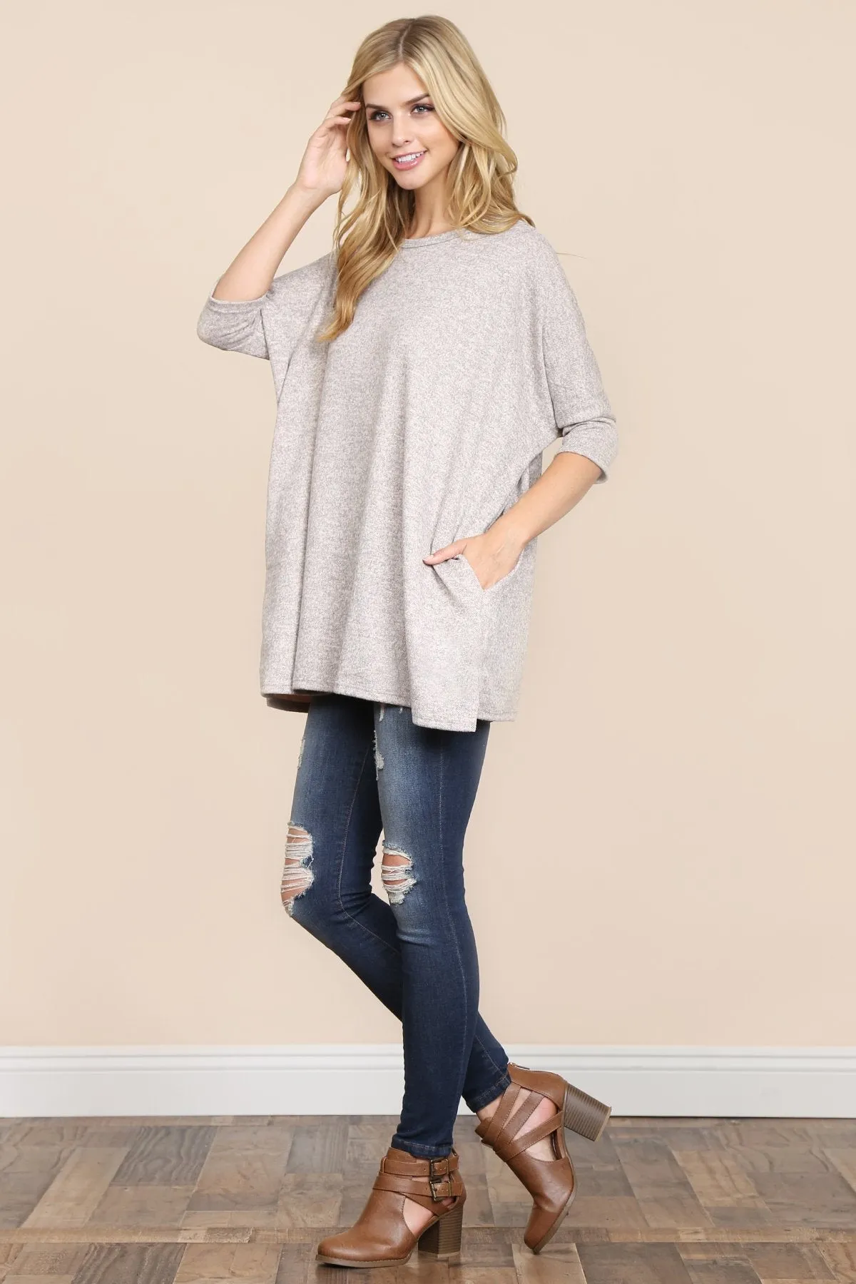 Two Tone Hacci Oversized Dropped Shoulder Pocket Tunic