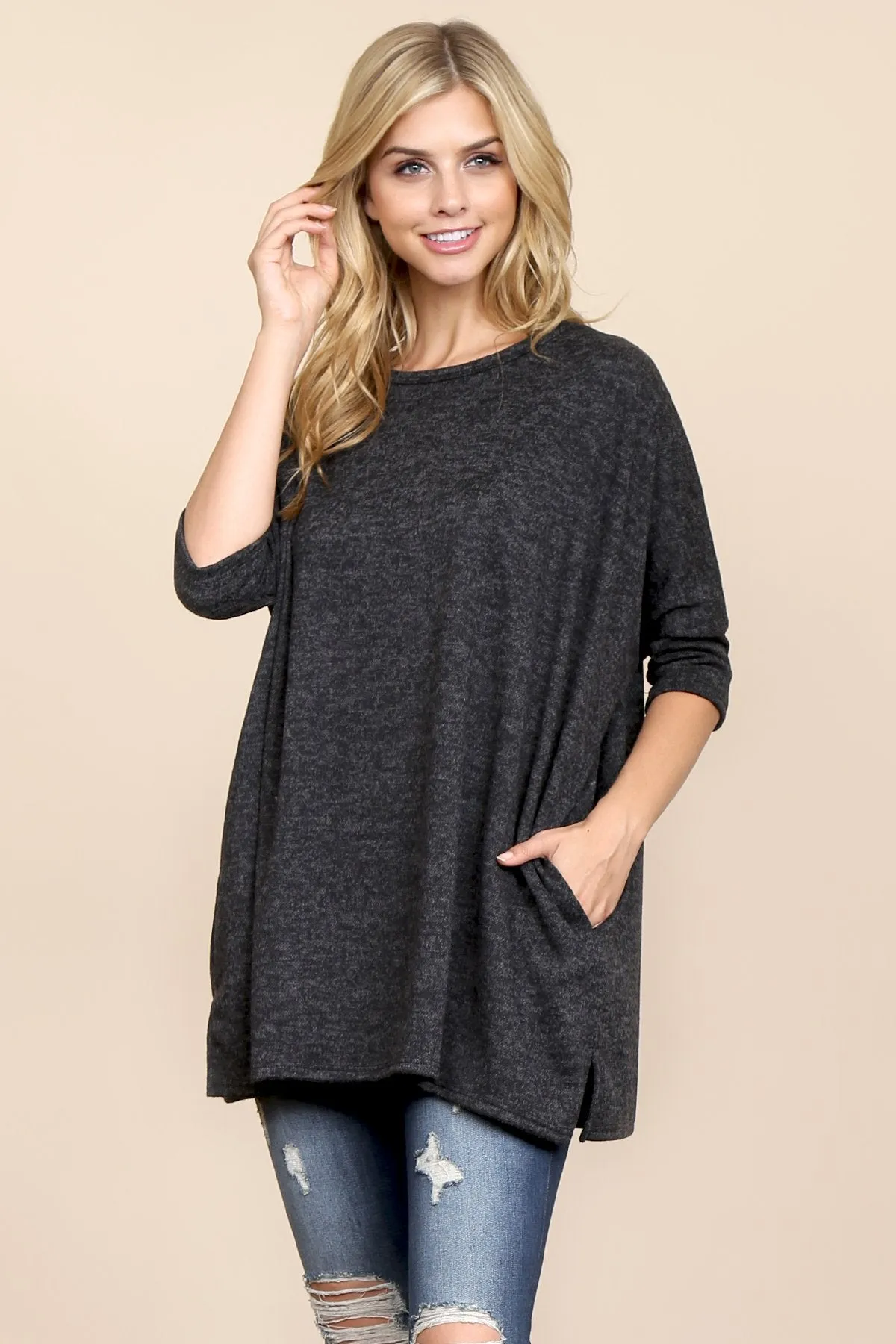 Two Tone Hacci Oversized Dropped Shoulder Pocket Tunic