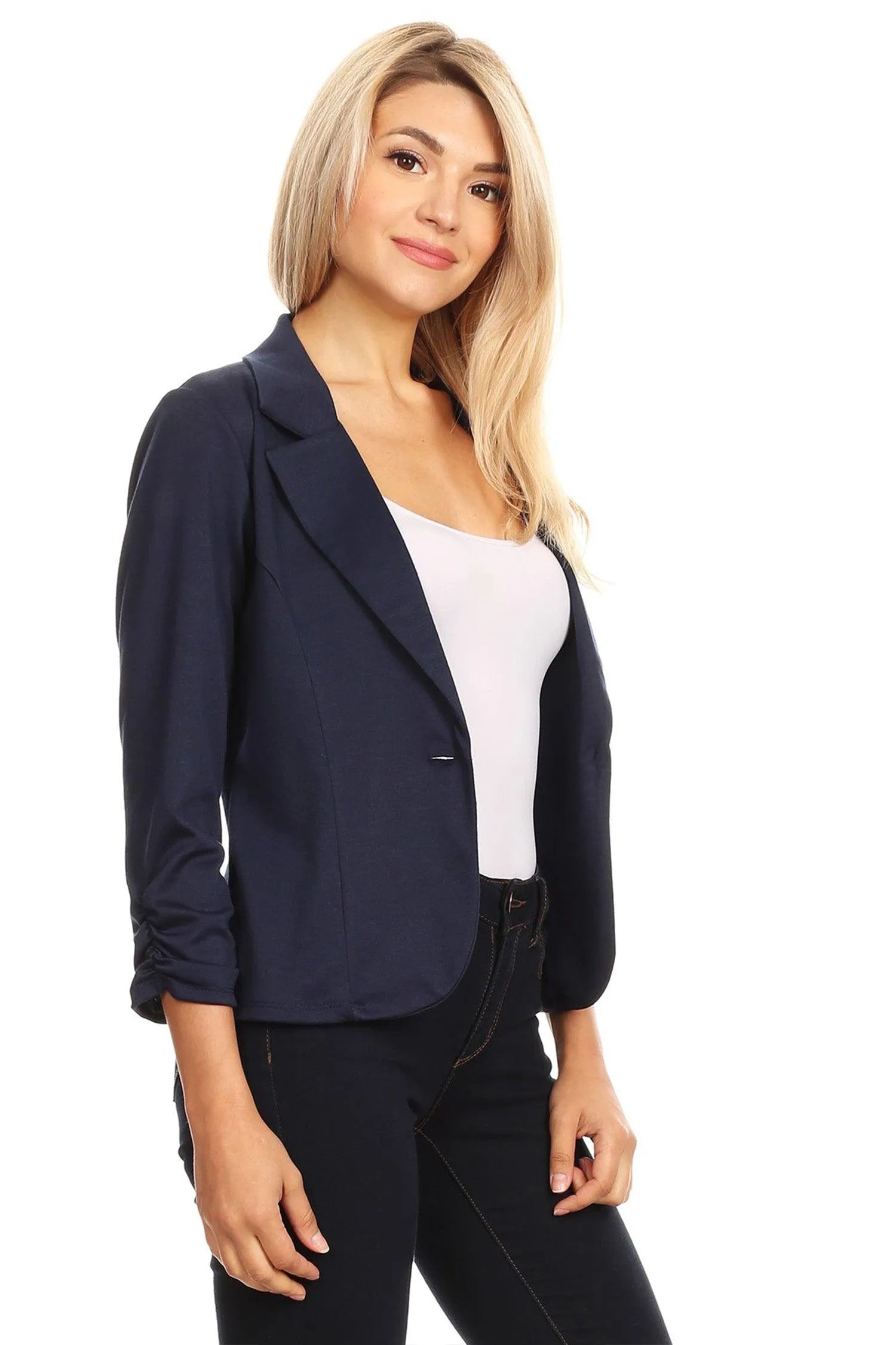 Women's Casual 3/4 Ruched Sleeves One Button Closure Waist length Blazer