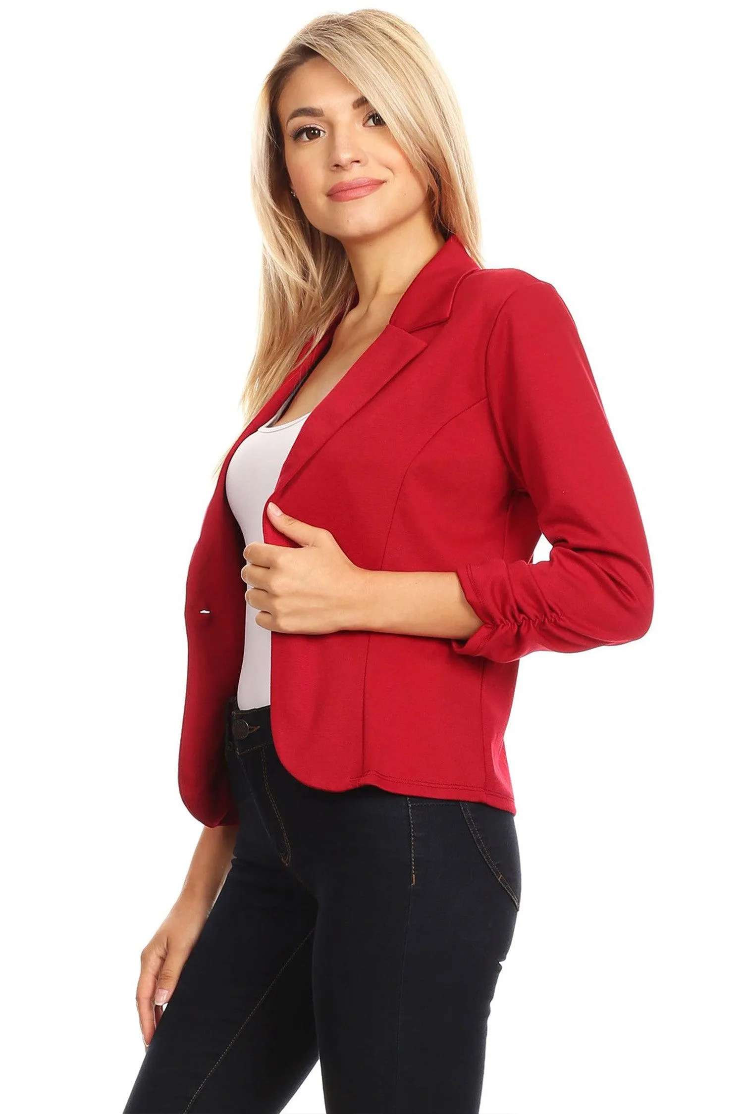 Women's Casual 3/4 Ruched Sleeves One Button Closure Waist length Blazer